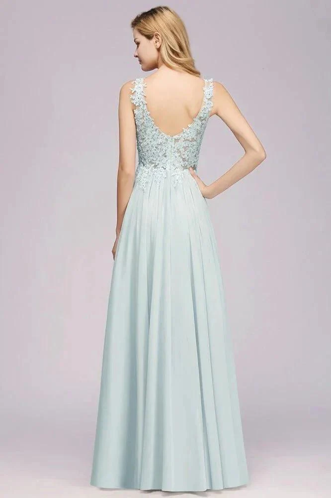Elegant Chiffon Lace V-Neck Sleeveless Floor-Length A-Line Bridesmaid Dress with Beadings - Image 2
