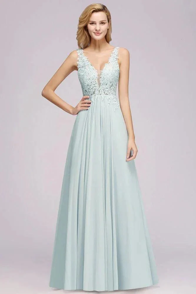 Elegant Chiffon Lace V-Neck Sleeveless Floor-Length A-Line Bridesmaid Dress with Beadings - Image 3
