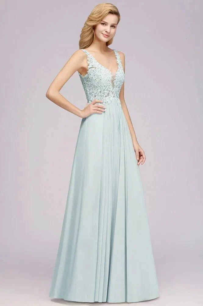 Elegant Chiffon Lace V-Neck Sleeveless Floor-Length A-Line Bridesmaid Dress with Beadings - Image 4