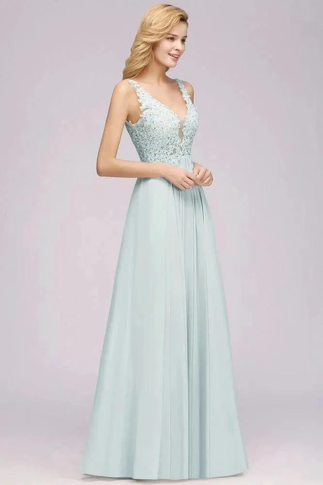 Elegant Chiffon Lace V-Neck Sleeveless Floor-Length A-Line Bridesmaid Dress with Beadings - Image 5