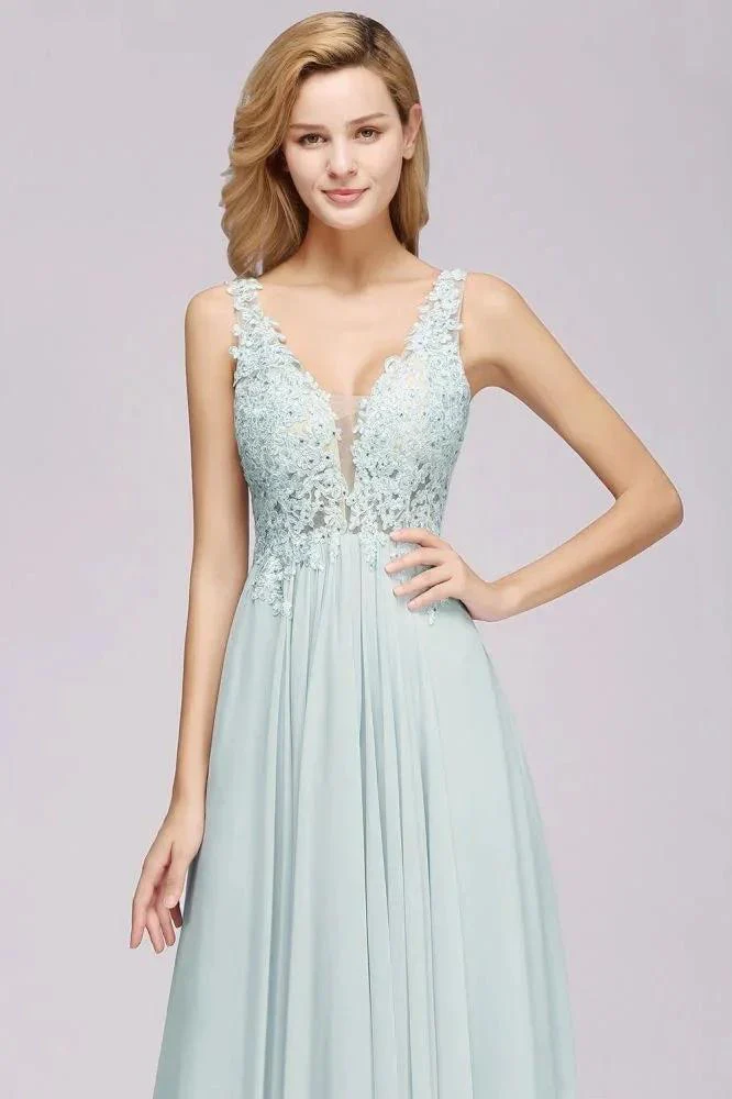 Elegant Chiffon Lace V-Neck Sleeveless Floor-Length A-Line Bridesmaid Dress with Beadings - Image 6