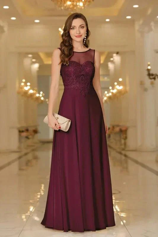 Elegant Chiffon Sleevless Evening Dress Scoop Neck Lace Apliques Bridesmaid Dress - Image 2