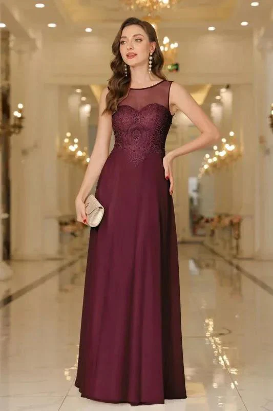 Elegant Chiffon Sleevless Evening Dress Scoop Neck Lace Apliques Bridesmaid Dress - Image 7
