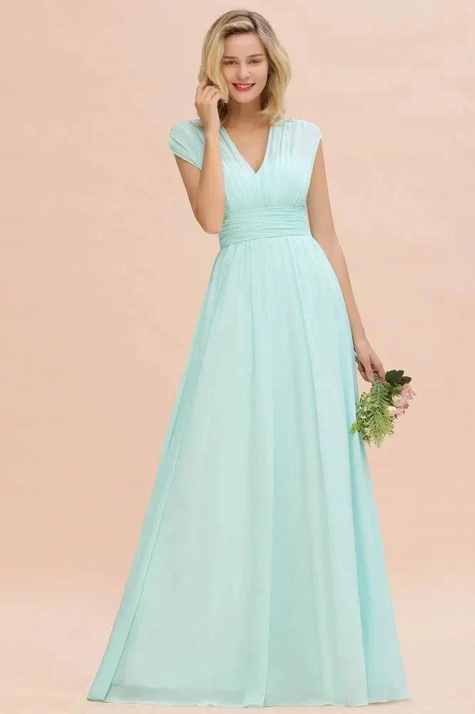 Elegant Chiffon V-Neck Sleeveless Floor-Length A-line Bridesmaid Dress with Ruffles - Image 3