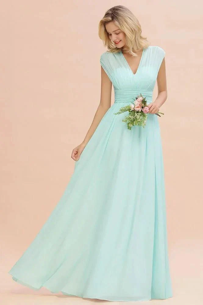 Elegant Chiffon V-Neck Sleeveless Floor-Length A-line Bridesmaid Dress with Ruffles - Image 4