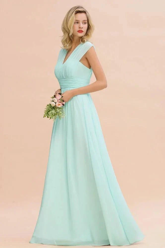 Elegant Chiffon V-Neck Sleeveless Floor-Length A-line Bridesmaid Dress with Ruffles - Image 5