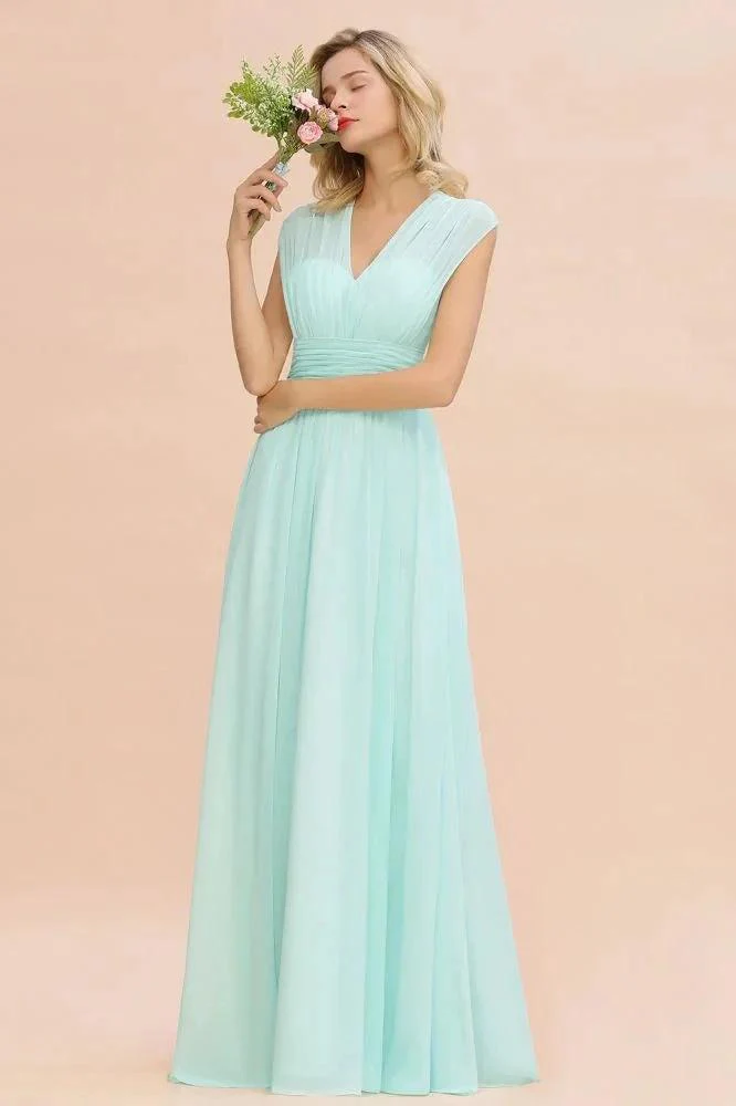 Elegant Chiffon V-Neck Sleeveless Floor-Length A-line Bridesmaid Dress with Ruffles - Image 6