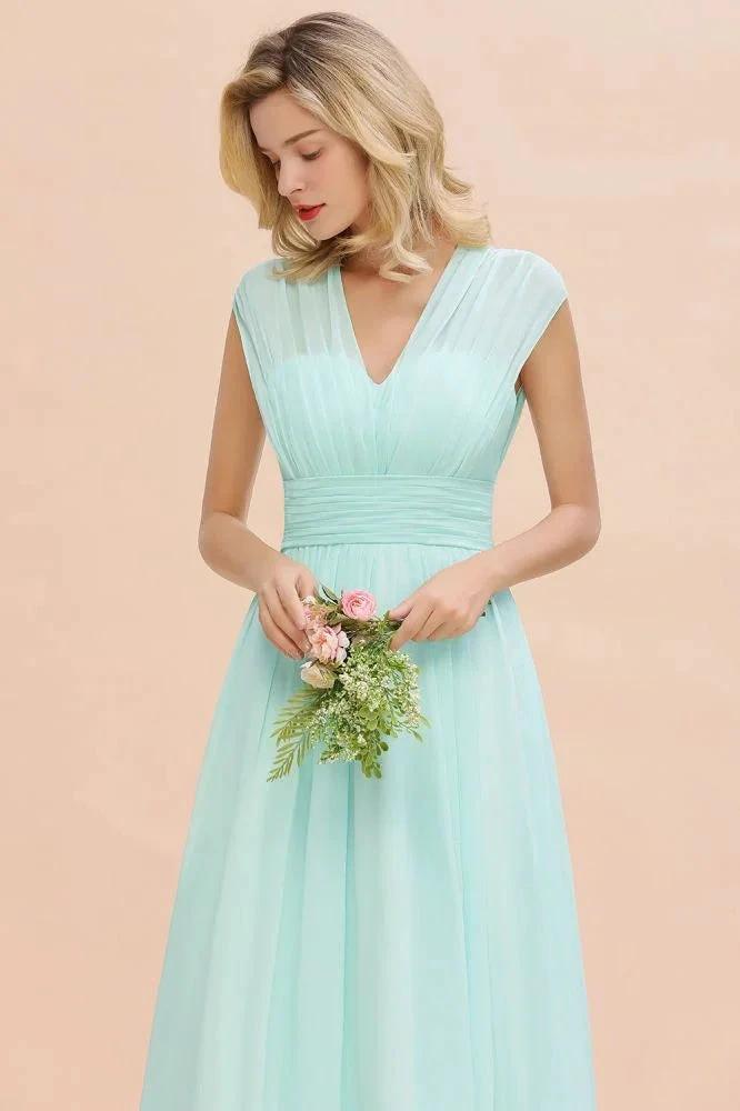 Elegant Chiffon V-Neck Sleeveless Floor-Length A-line Bridesmaid Dress with Ruffles - Image 7