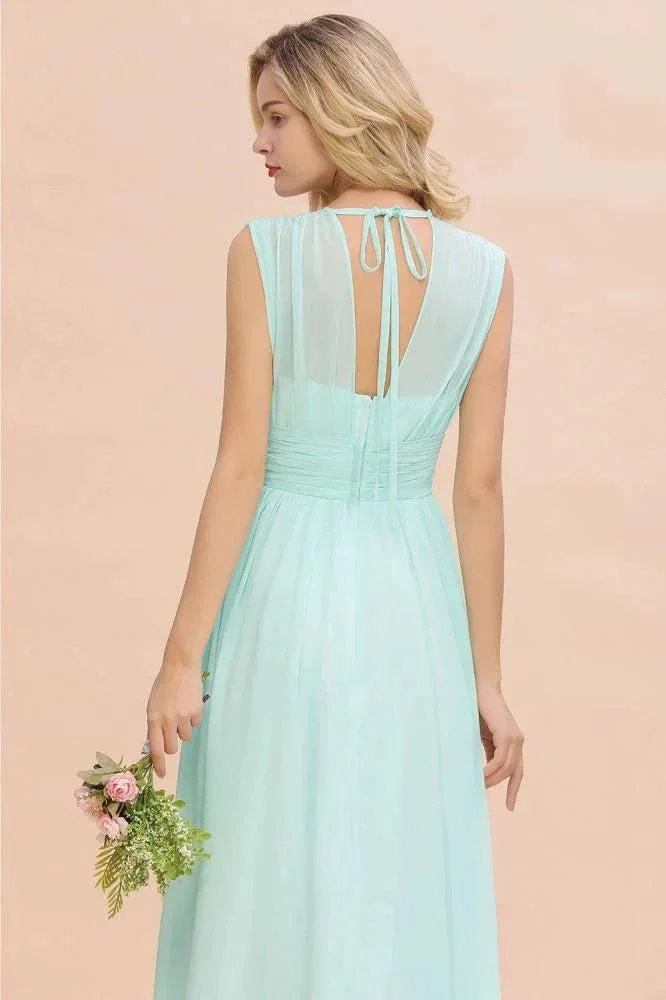 Elegant Chiffon V-Neck Sleeveless Floor-Length A-line Bridesmaid Dress with Ruffles - Image 8