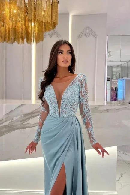 Elegant Column Floor-Length Split Front Long Sleeve V-Neck Stain Prom Dresses with Lace - Image 2