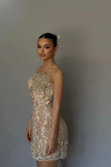 Elegant Column Lace Sleeveless Short Homecoming Dress With Appliques - Image 3