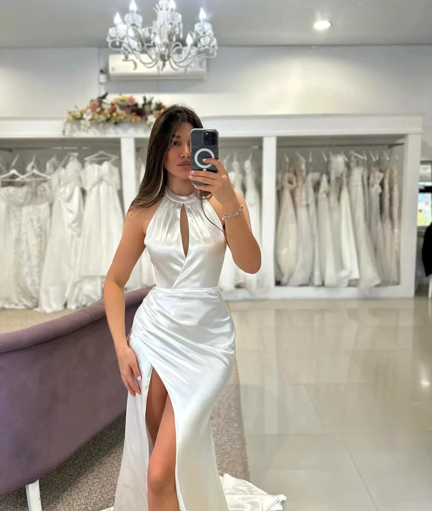 Elegant Column Satin Halter Sleeveless White Wedding Dresses With Ruffles Split Front - Image 2