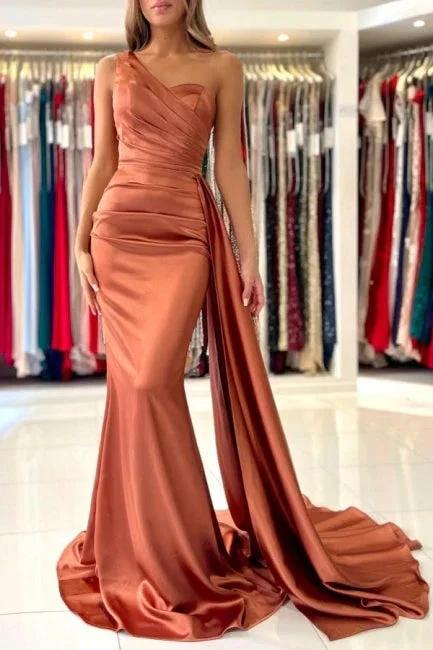 Elegant Coral One-shoulder Sleeveless Mermaid Floor-Length Satin Prom Dresses with Ruffles - Image 5