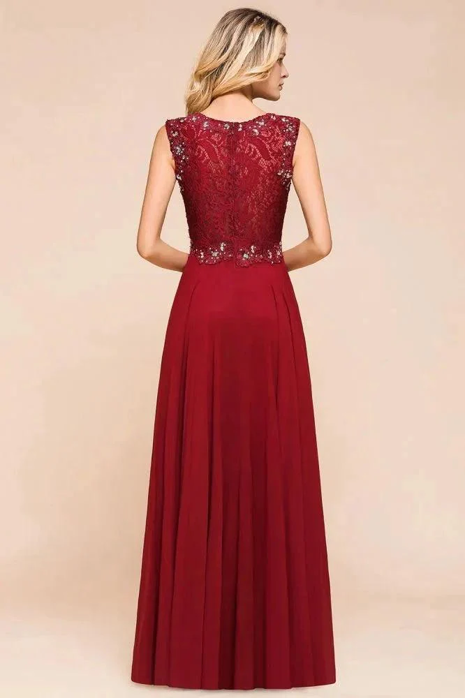 Elegant Crew Neck aline Beading Evening Dress Sleeveless Lace Floor Length Party Dress - Image 2