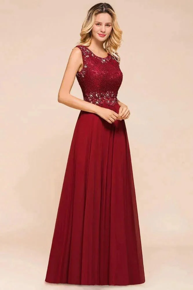 Elegant Crew Neck aline Beading Evening Dress Sleeveless Lace Floor Length Party Dress - Image 3
