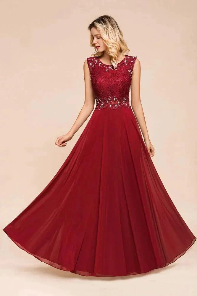 Elegant Crew Neck aline Beading Evening Dress Sleeveless Lace Floor Length Party Dress - Image 4