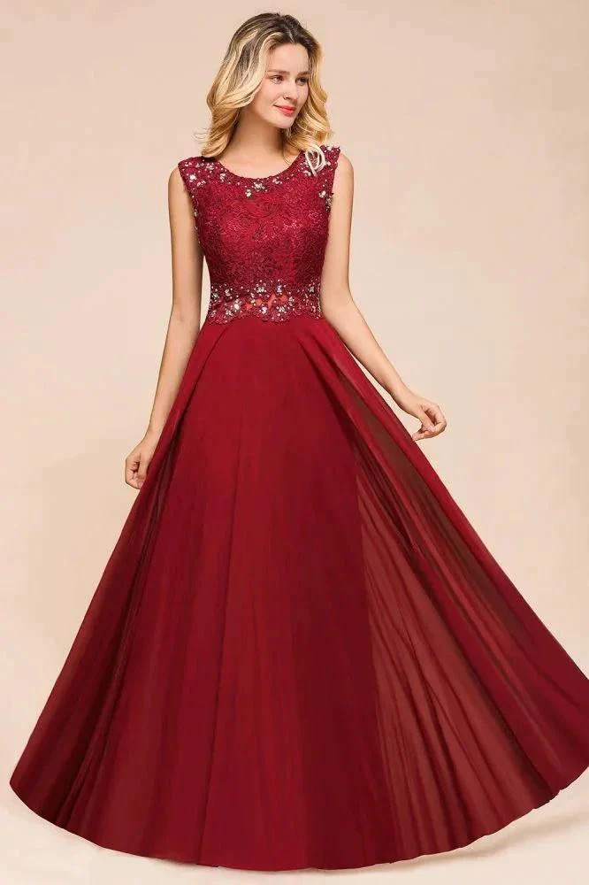 Elegant Crew Neck aline Beading Evening Dress Sleeveless Lace Floor Length Party Dress - Image 5