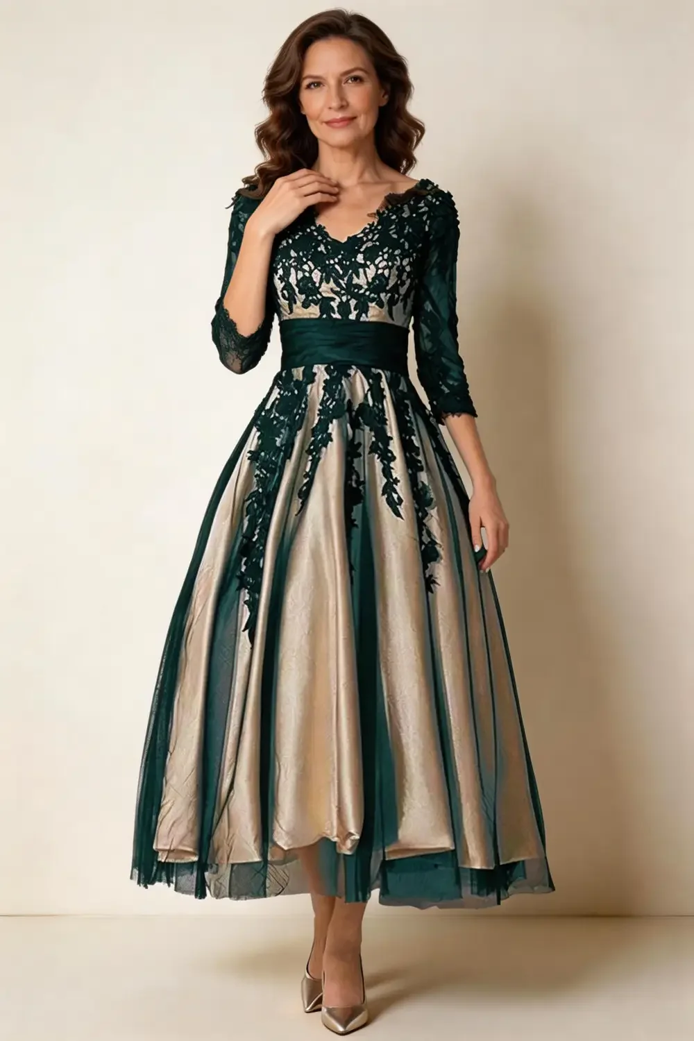 Dark Green Lace Applique Champagne Satin Mother Of The Bride Dress - Image 2