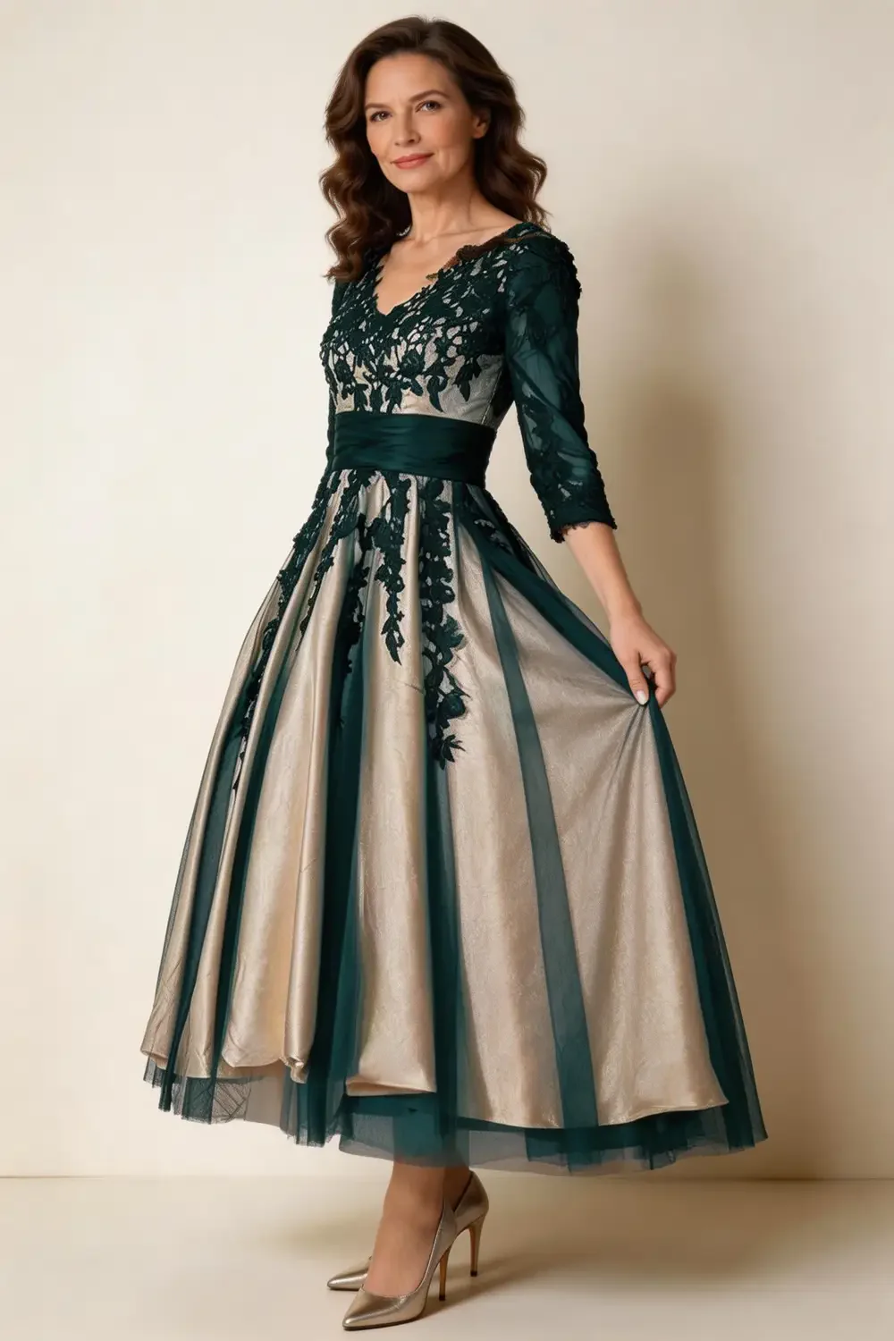 Dark Green Lace Applique Champagne Satin Mother Of The Bride Dress - Image 3