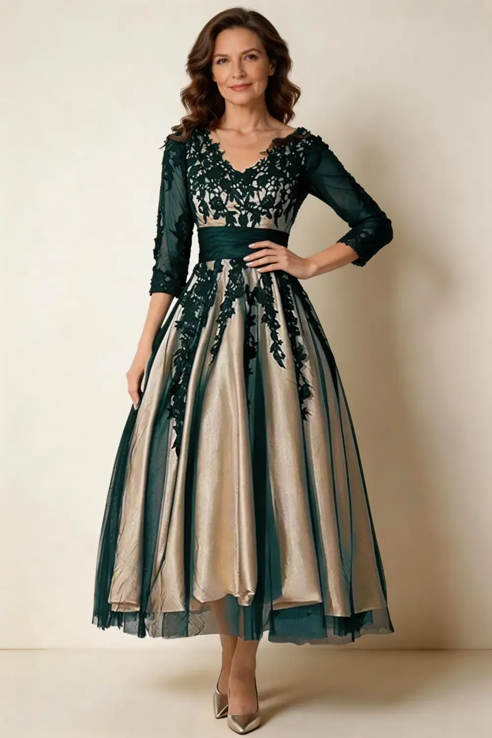 Dark Green Lace Applique Champagne Satin Mother Of The Bride Dress - Image 4