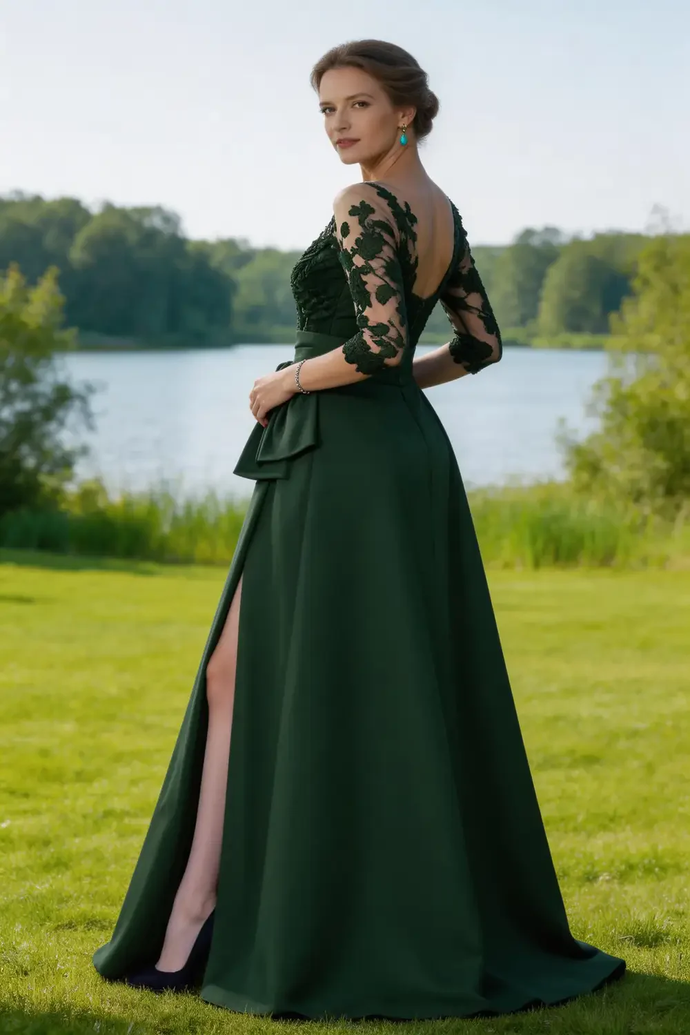 Dark Green Lace Satin A Line Mother Of The Bride Dress With Slit - Image 2