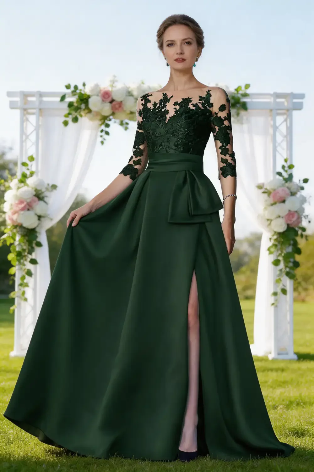 Dark Green Lace Satin A Line Mother Of The Bride Dress With Slit - Image 3