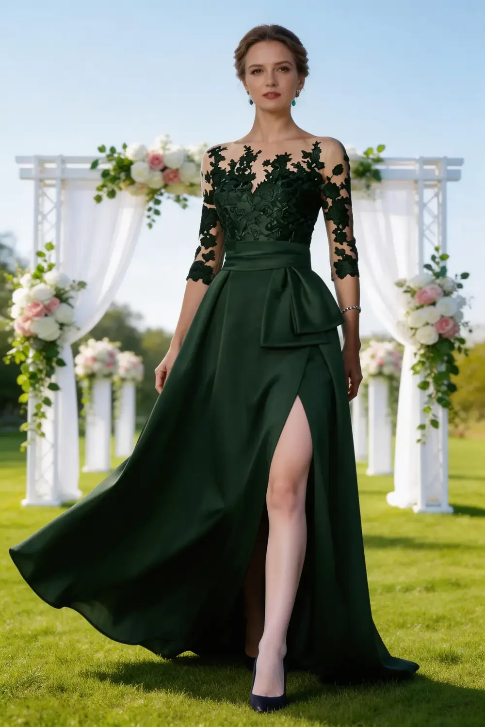 Dark Green Lace Satin A Line Mother Of The Bride Dress With Slit - Image 4