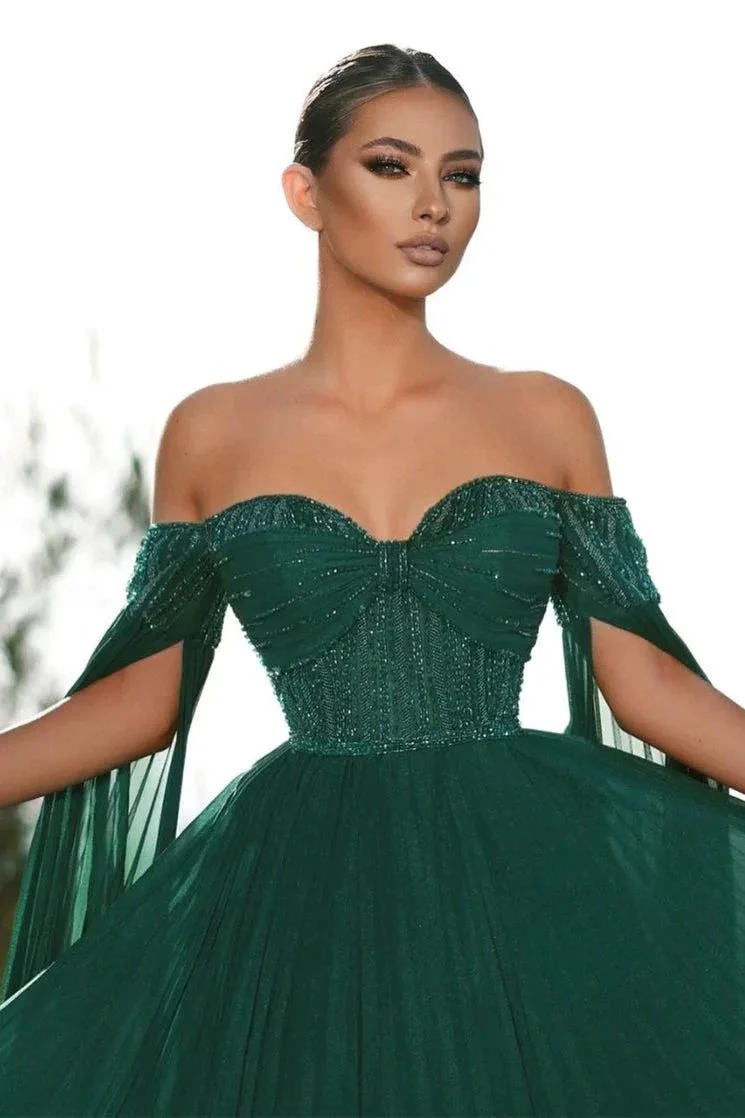 Elegant Dark Green Off-the-shoulder Sequined A-line Prom Dress - Image 2