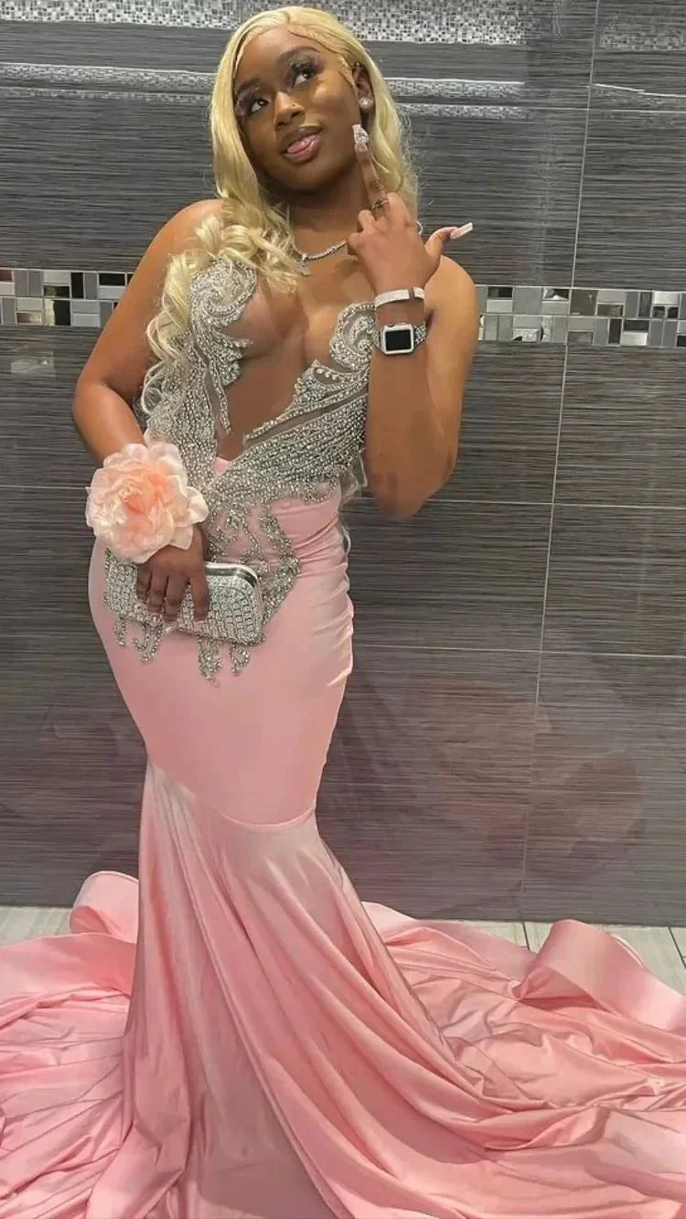 Elegant Deep V Neck Mermaid Evening Dress Pink Prom Dress For Black Girls Y797 - Image 2