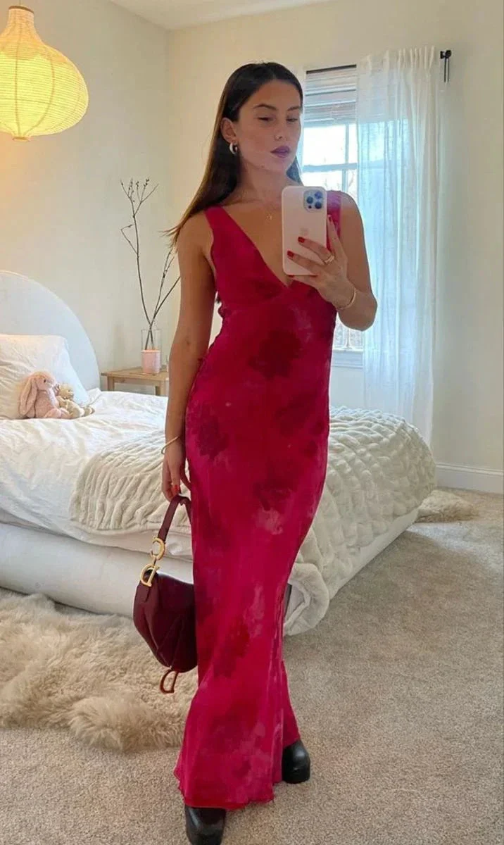 Elegant Deep V Neck Print Floral Evening Dress Prom Gown Y4548 - Image 2