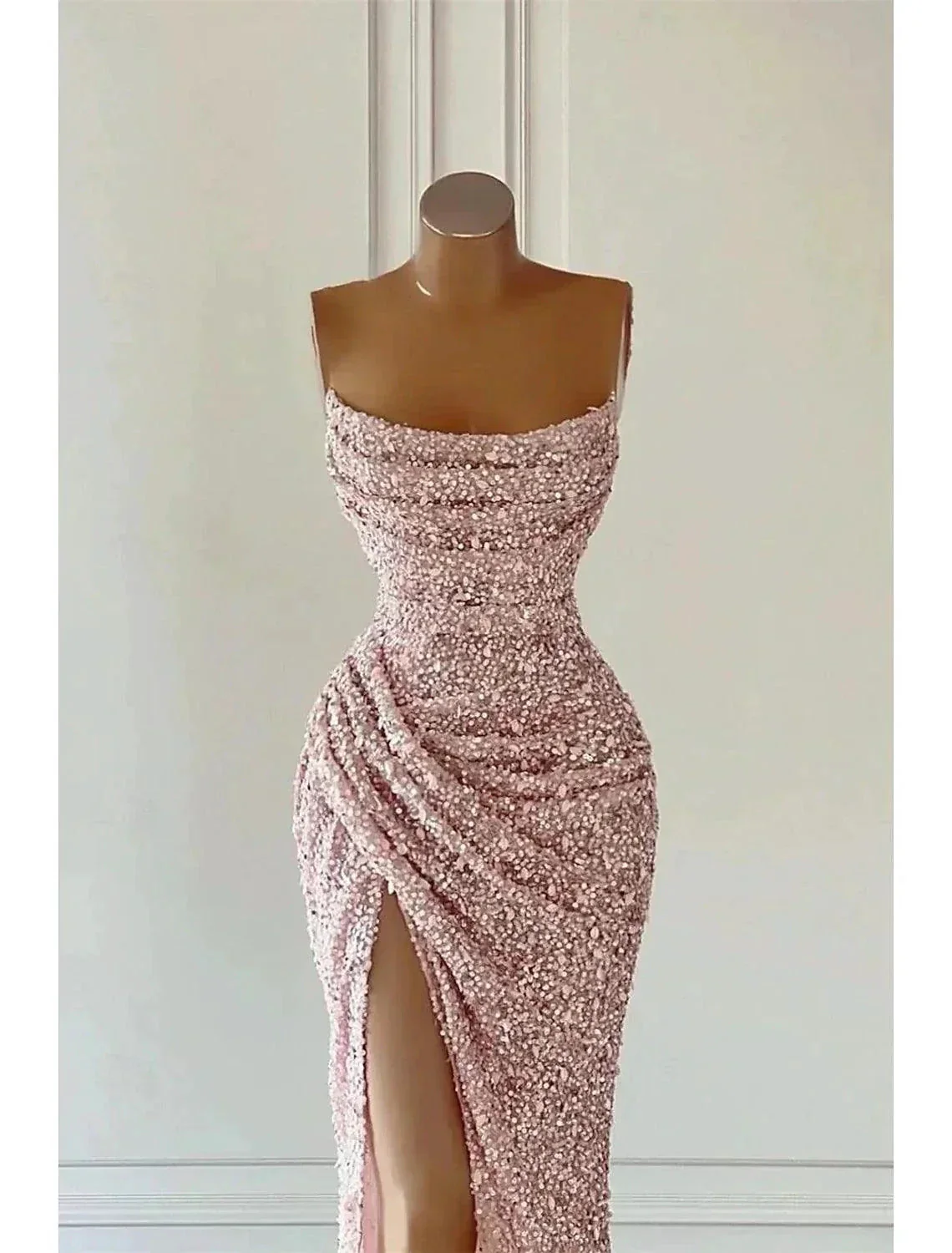 Elegant Dress Formal Prom Floor Length Sleeveless Strapless Sequined with Glitter Sequin Prom Dresses - Image 3
