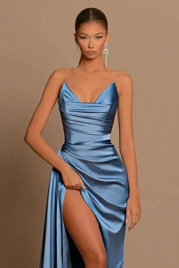 Elegant Dusty Blue Long Mermaid Sweetheart Sleeveless Formal Prom Dress With Slit - Image 5