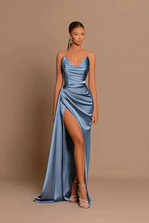 Elegant Dusty Blue Long Mermaid Sweetheart Sleeveless Formal Prom Dress With Slit - Image 6