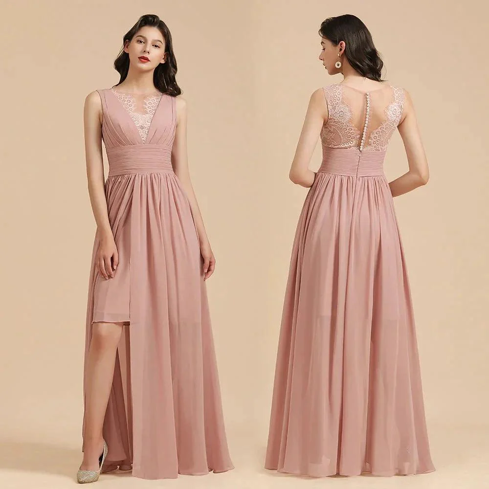 Elegant Dusty Pink Sleeveless Floral Lace Bridesmaid Dress Side Split Party Dress - Image 10