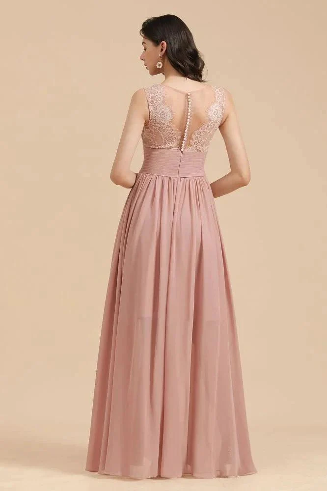 Elegant Dusty Pink Sleeveless Floral Lace Bridesmaid Dress Side Split Party Dress - Image 2