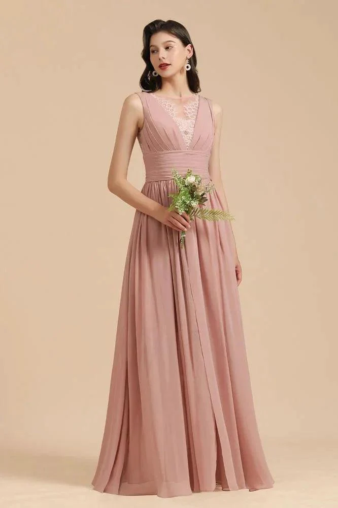 Elegant Dusty Pink Sleeveless Floral Lace Bridesmaid Dress Side Split Party Dress - Image 3