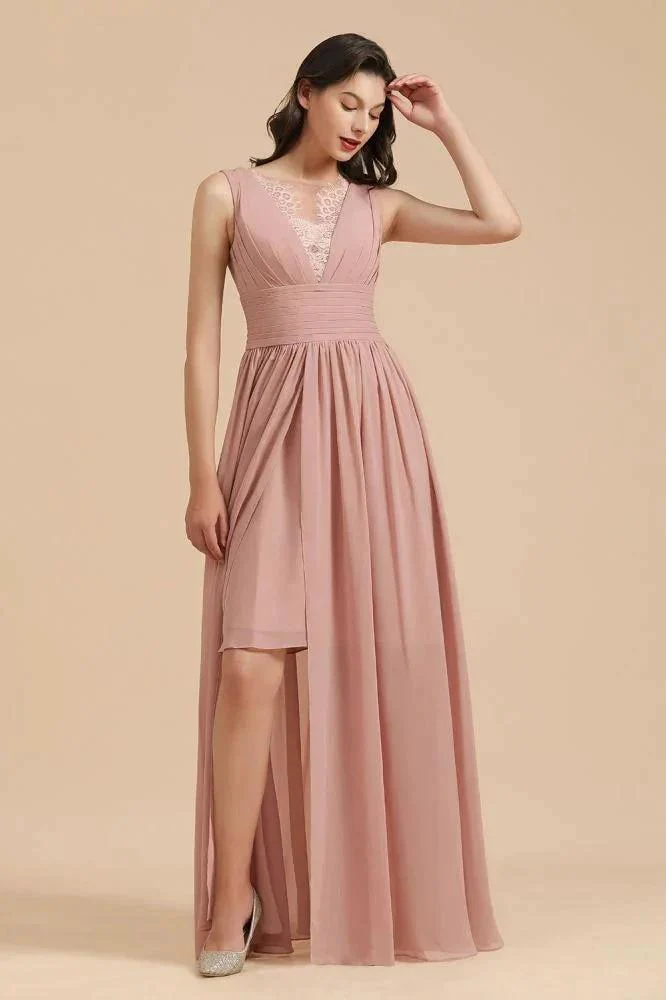 Elegant Dusty Pink Sleeveless Floral Lace Bridesmaid Dress Side Split Party Dress - Image 4