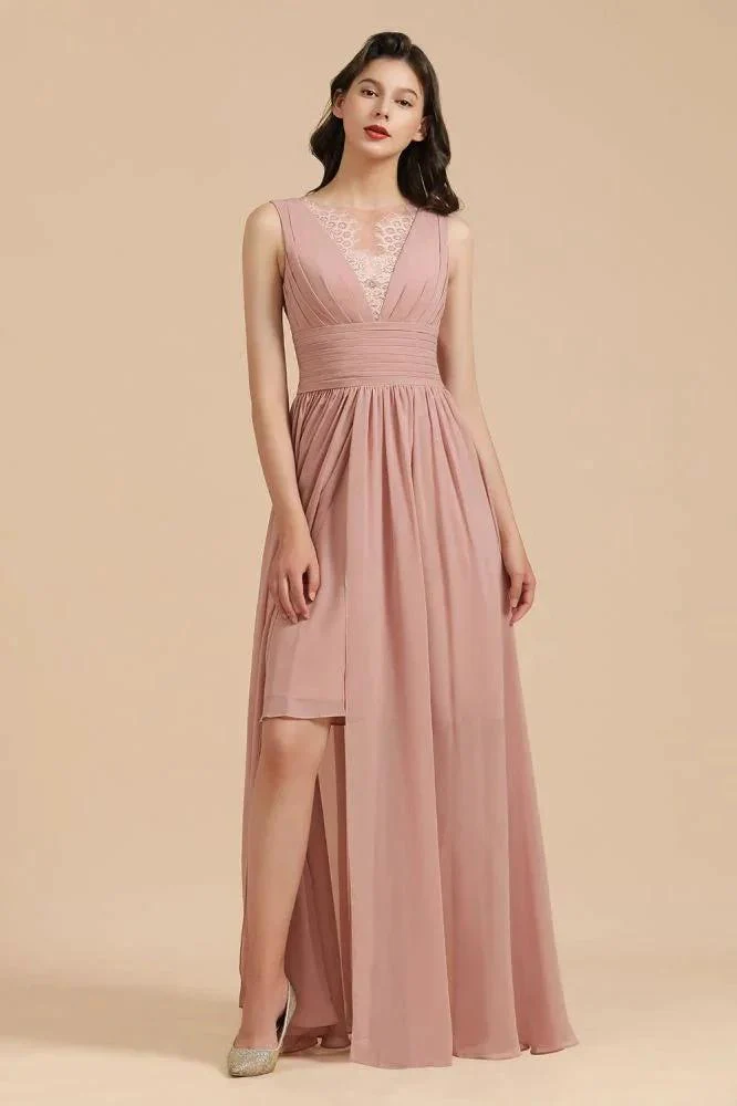 Elegant Dusty Pink Sleeveless Floral Lace Bridesmaid Dress Side Split Party Dress - Image 5