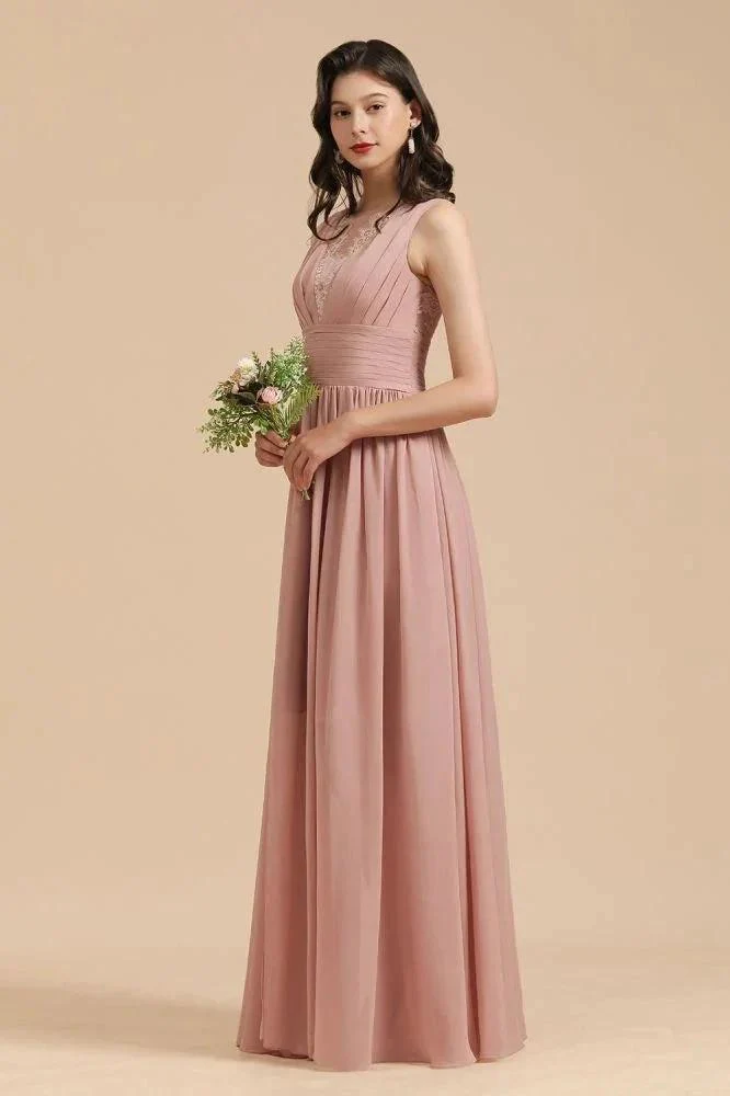 Elegant Dusty Pink Sleeveless Floral Lace Bridesmaid Dress Side Split Party Dress - Image 6