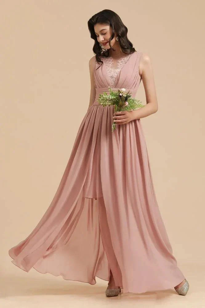 Elegant Dusty Pink Sleeveless Floral Lace Bridesmaid Dress Side Split Party Dress - Image 7