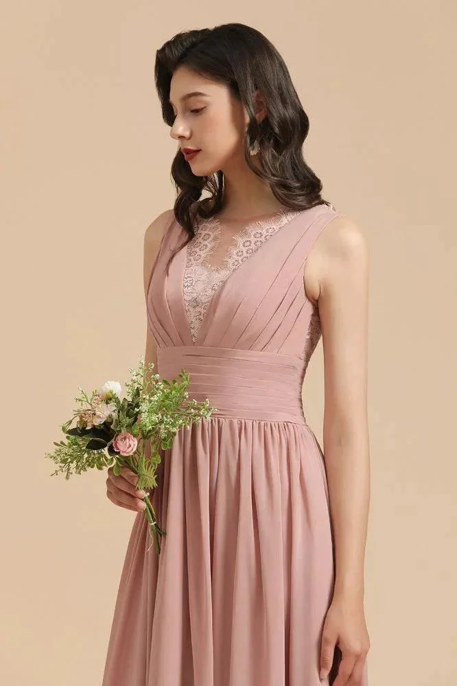 Elegant Dusty Pink Sleeveless Floral Lace Bridesmaid Dress Side Split Party Dress - Image 8