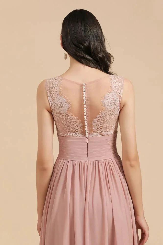 Elegant Dusty Pink Sleeveless Floral Lace Bridesmaid Dress Side Split Party Dress - Image 9