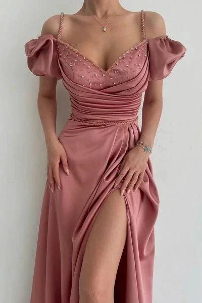Elegant Dusty Rose Off-the-shoulder A-line Prom Dress With Slit - Image 2
