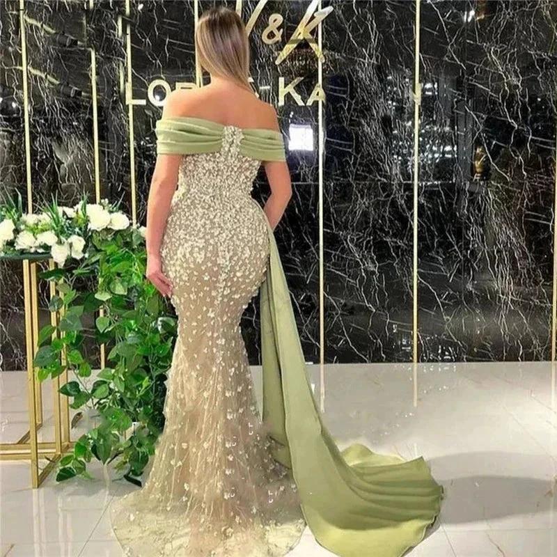 Elegant Dusty Sage Long Mermaid Off-the-shoulder Prom Dress With Lace - Image 2