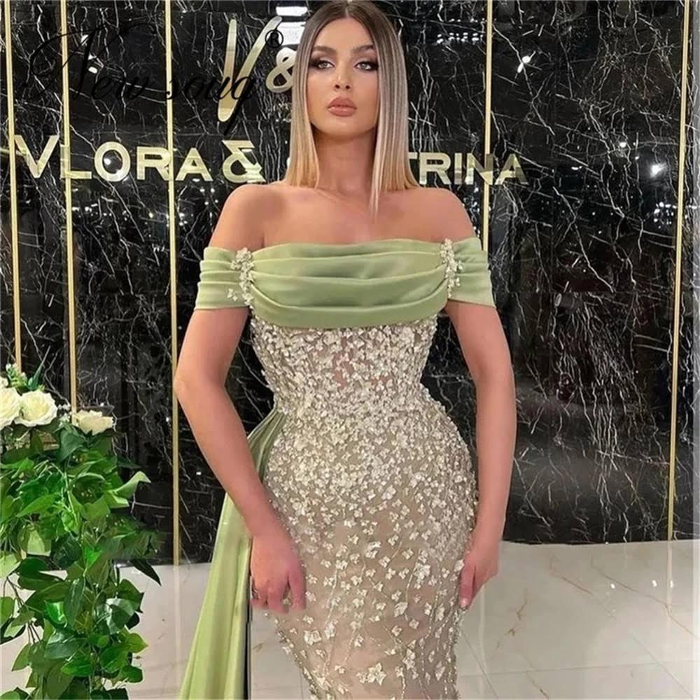 Elegant Dusty Sage Long Mermaid Off-the-shoulder Prom Dress With Lace - Image 3