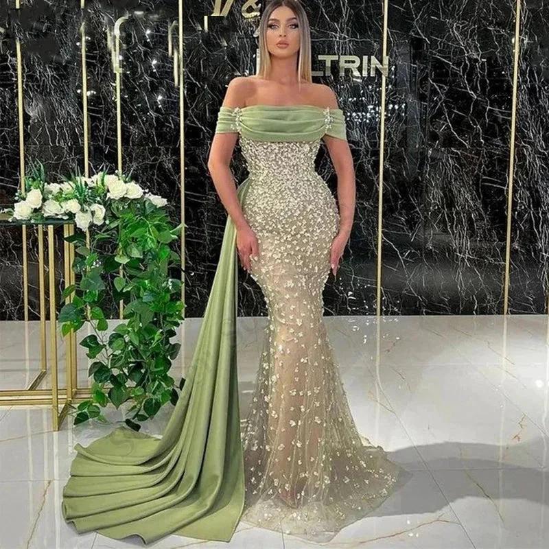 Elegant Dusty Sage Long Mermaid Off-the-shoulder Prom Dress With Lace - Image 4