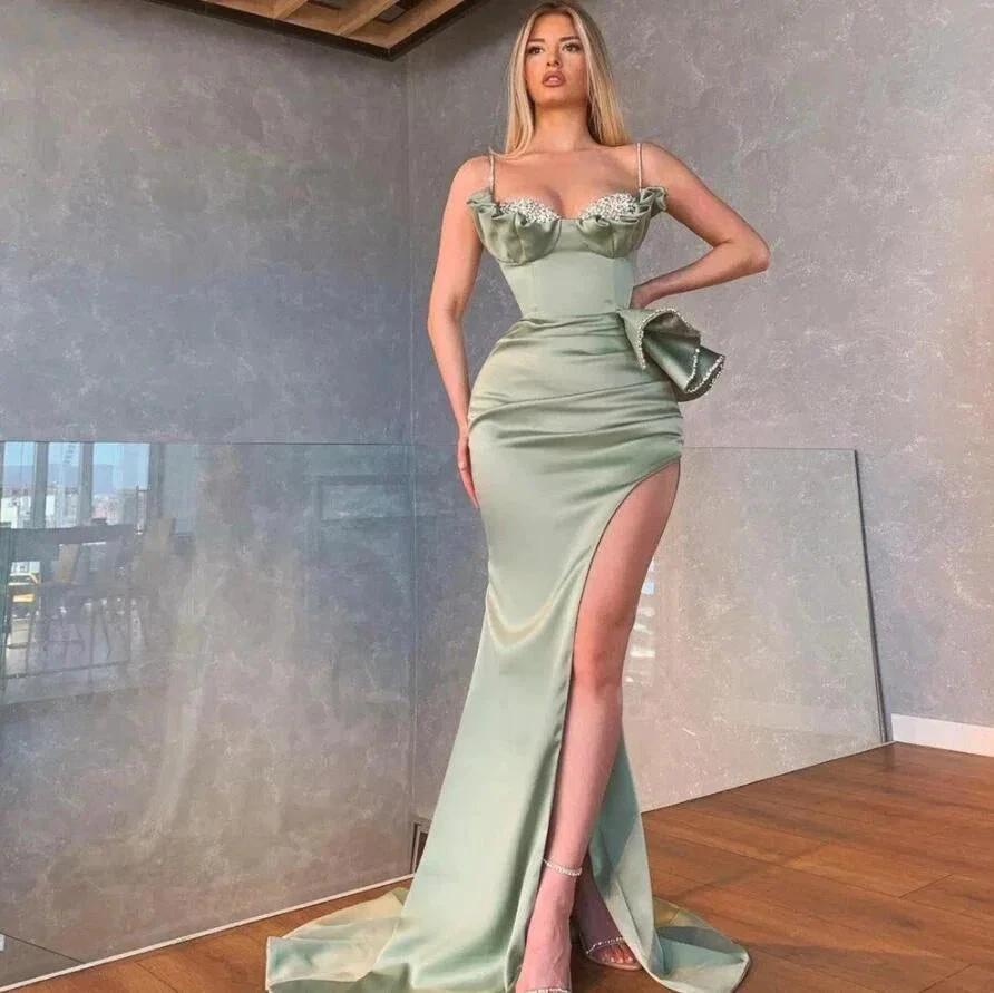 Elegant Dusty Sage Spaghetti Straps Mermaid Prom Dress With Slit - Image 2