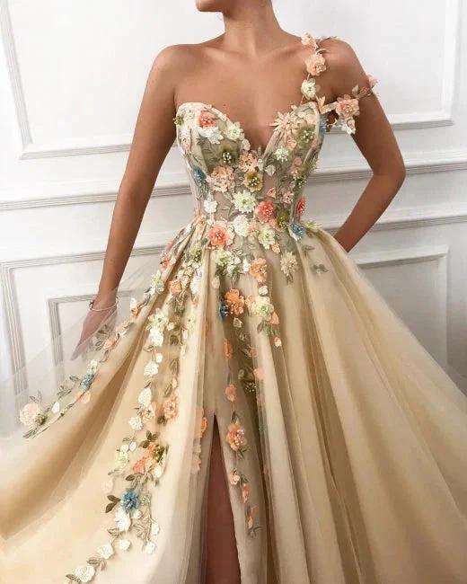 Elegant Evening Dress Long Sexy Sweetheart Front Slit Appliques Flowers Prom Dress - Image 2