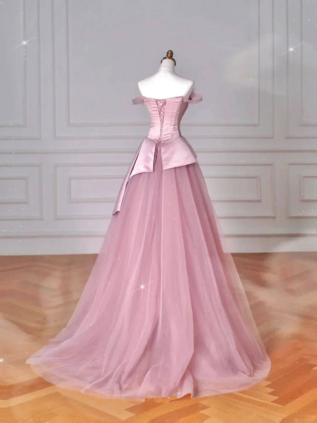 Elegant Feathers Neck Strapless Tulle Satin Ball Gown Pink A Line Prom Evening Dress Y8629 - Image 4