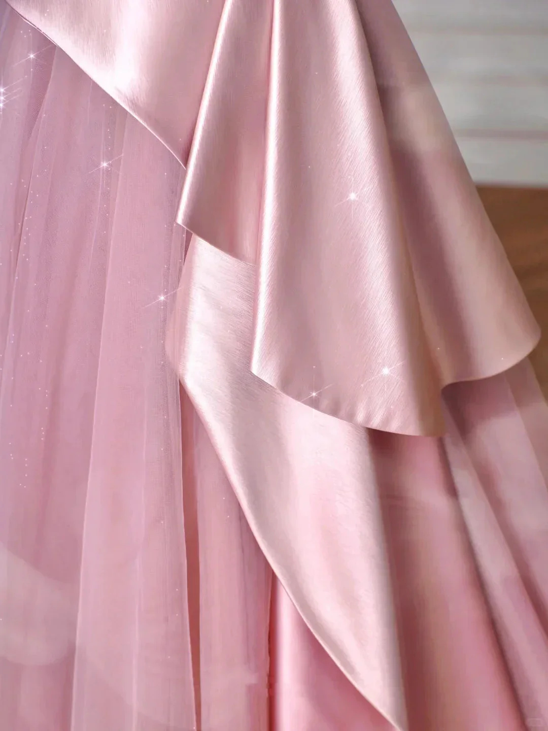 Elegant Feathers Neck Strapless Tulle Satin Ball Gown Pink A Line Prom Evening Dress Y8629 - Image 5